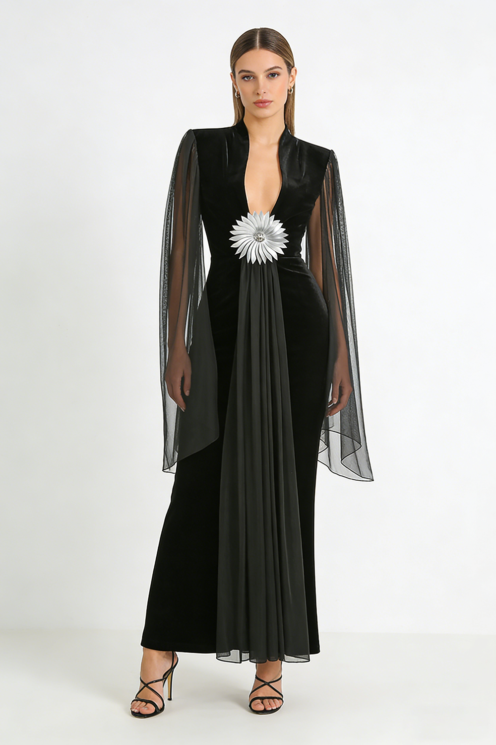 Flower Belt V-Neck Long Sleeved Gown In Black