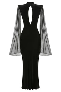 Flower Belt V-Neck Long Sleeved Gown In Black