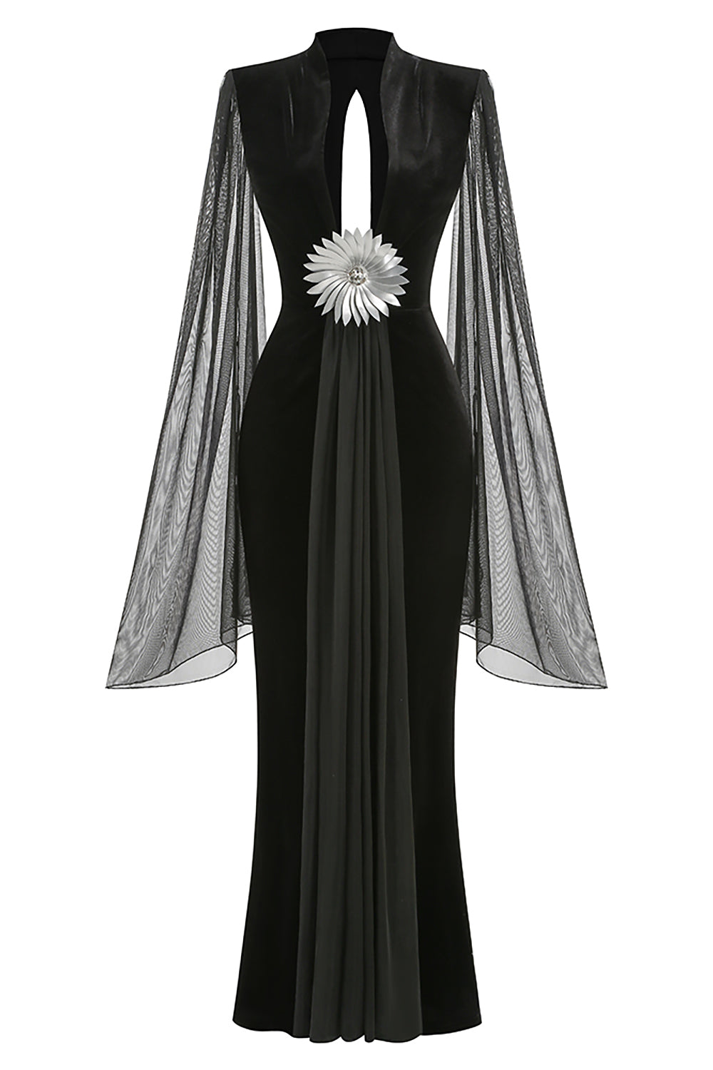 Flower Belt V-Neck Long Sleeved Gown In Black