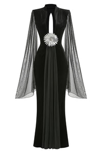 Flower Belt V-Neck Long Sleeved Gown In Black
