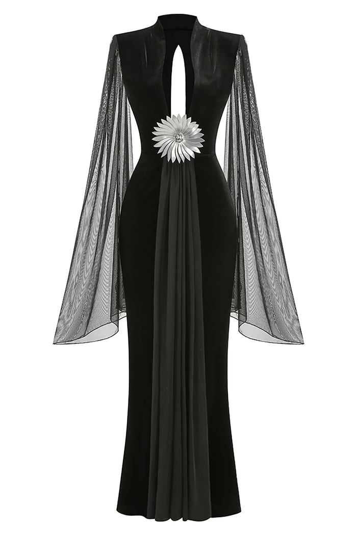 Flower Belt V-Neck Long Sleeved Gown In Black