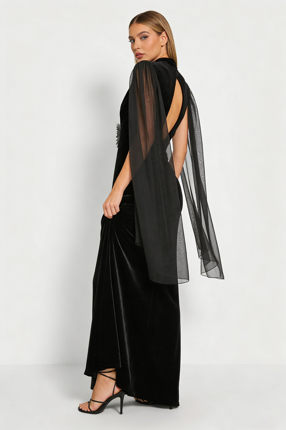 Flower Belt V-Neck Long Sleeved Gown In Black