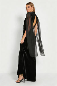 Flower Belt V-Neck Long Sleeved Gown In Black