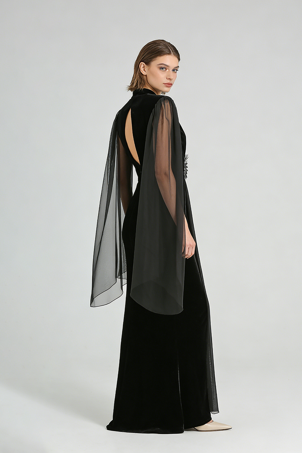 Flower Belt V-Neck Long Sleeved Gown In Black