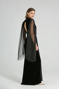 Flower Belt V-Neck Long Sleeved Gown In Black