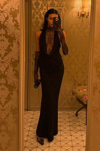 Flower Plunge Cowl-Neck Maxi Dress