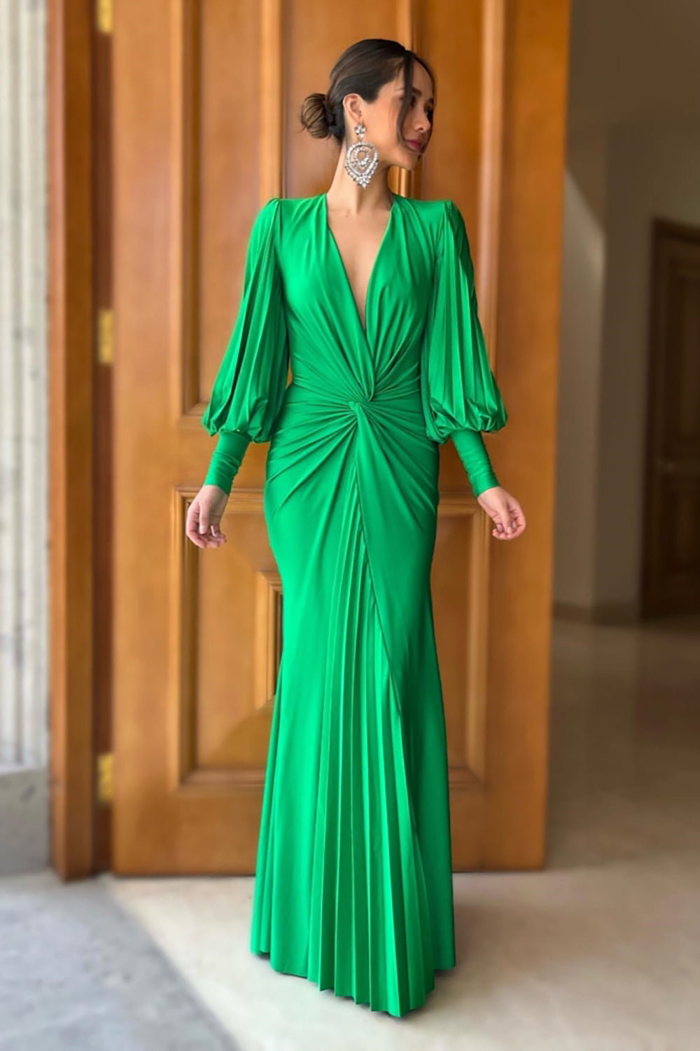 Gathered Bouffant Sleeve Long Length Dress