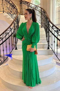 Gathered Bouffant Sleeve Long Length Dress