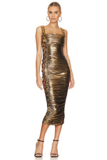 Gold Lace up Tight Ruched Midi Dress
