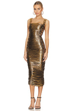 Gold Lace up Tight Ruched Midi Dress