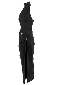 Halter-neck Form-Fitting Belt Dress