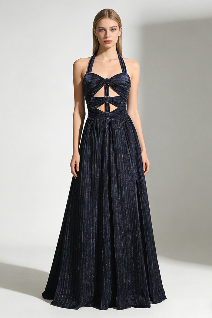 Halter-neck Ring-detail Pleated Maxi Dress