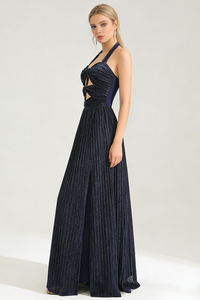 Halter-neck Ring-detail Pleated Maxi Dress