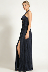 Halter-neck Ring-detail Pleated Maxi Dress