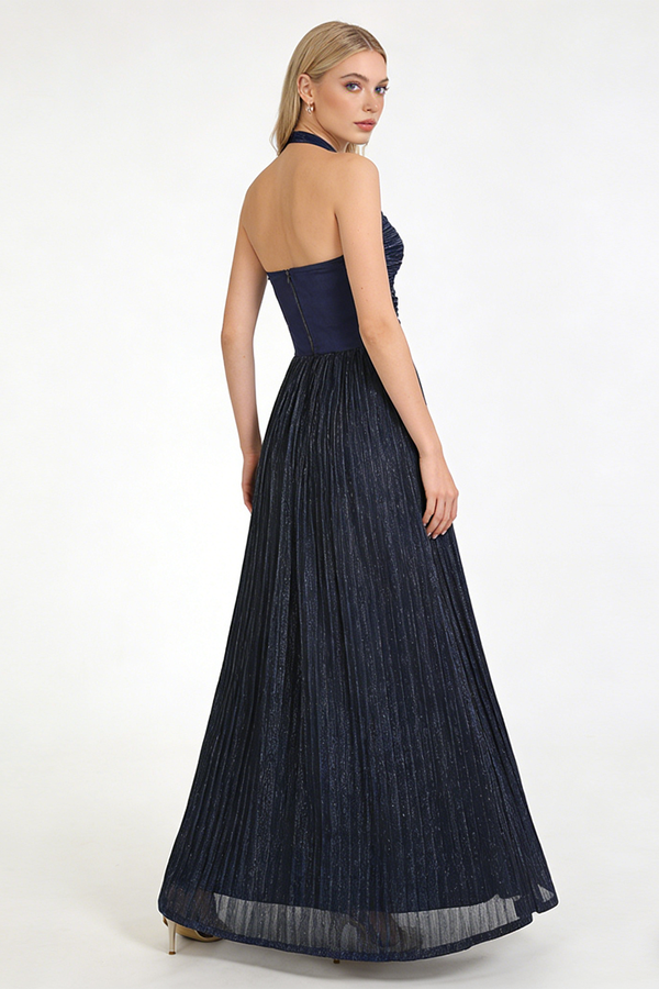 Halter-neck Ring-detail Pleated Maxi Dress