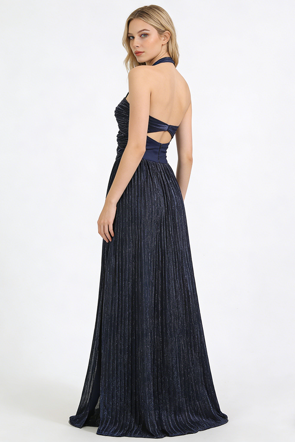 Halter-neck Ring-detail Pleated Maxi Dress