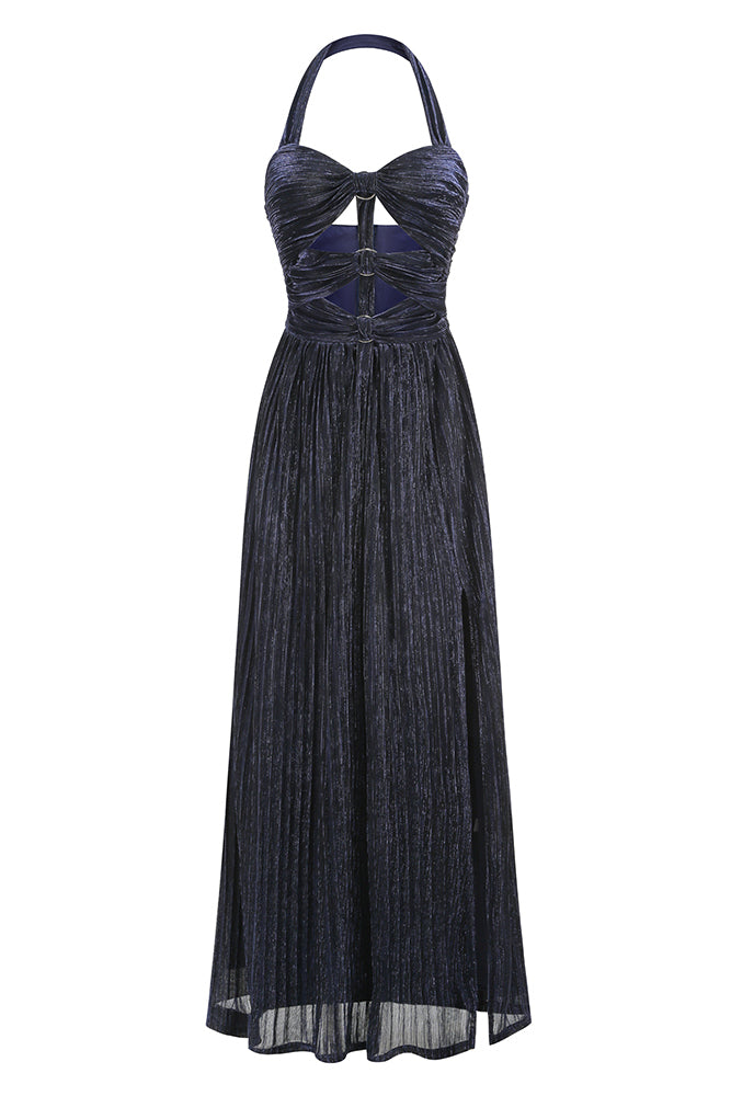 Halter-neck Ring-detail Pleated Maxi Dress