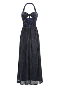 Halter-neck Ring-detail Pleated Maxi Dress