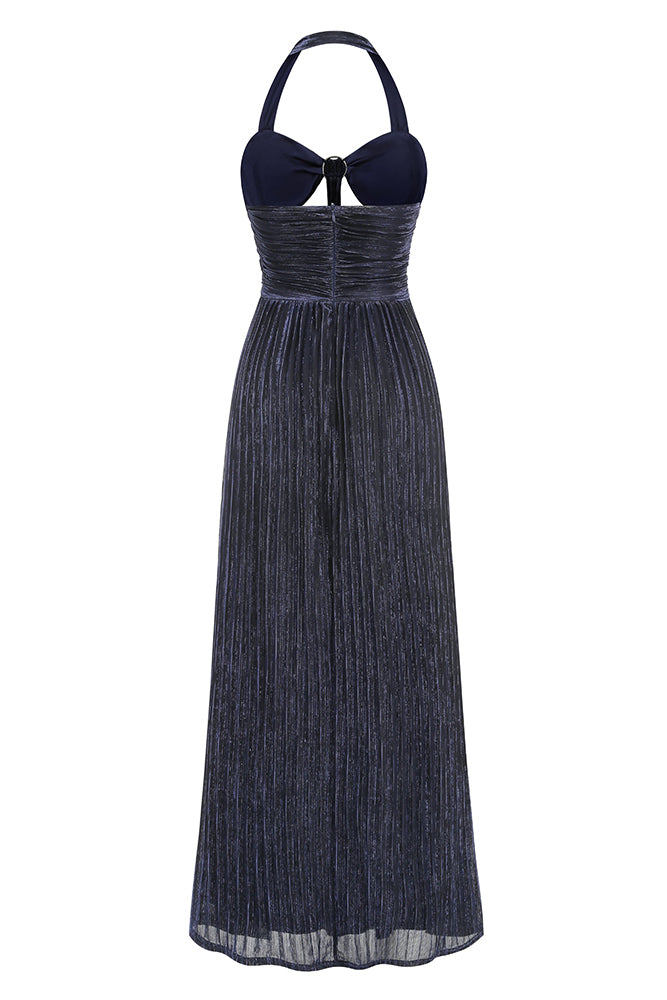 Halter-neck Ring-detail Pleated Maxi Dress