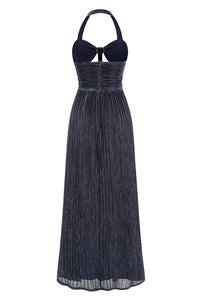 Halter-neck Ring-detail Pleated Maxi Dress