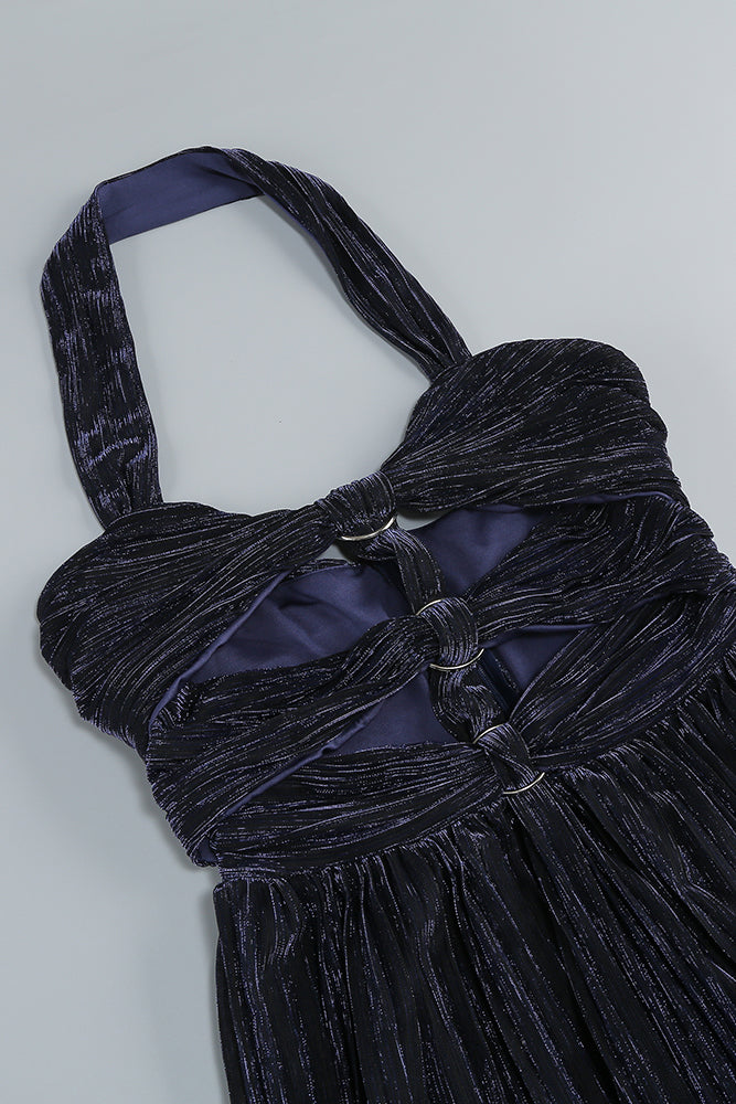 Halter-neck Ring-detail Pleated Maxi Dress