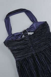 Halter-neck Ring-detail Pleated Maxi Dress