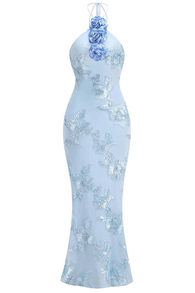 Vestido con cuello halter y bordado floral en 3D en color azul