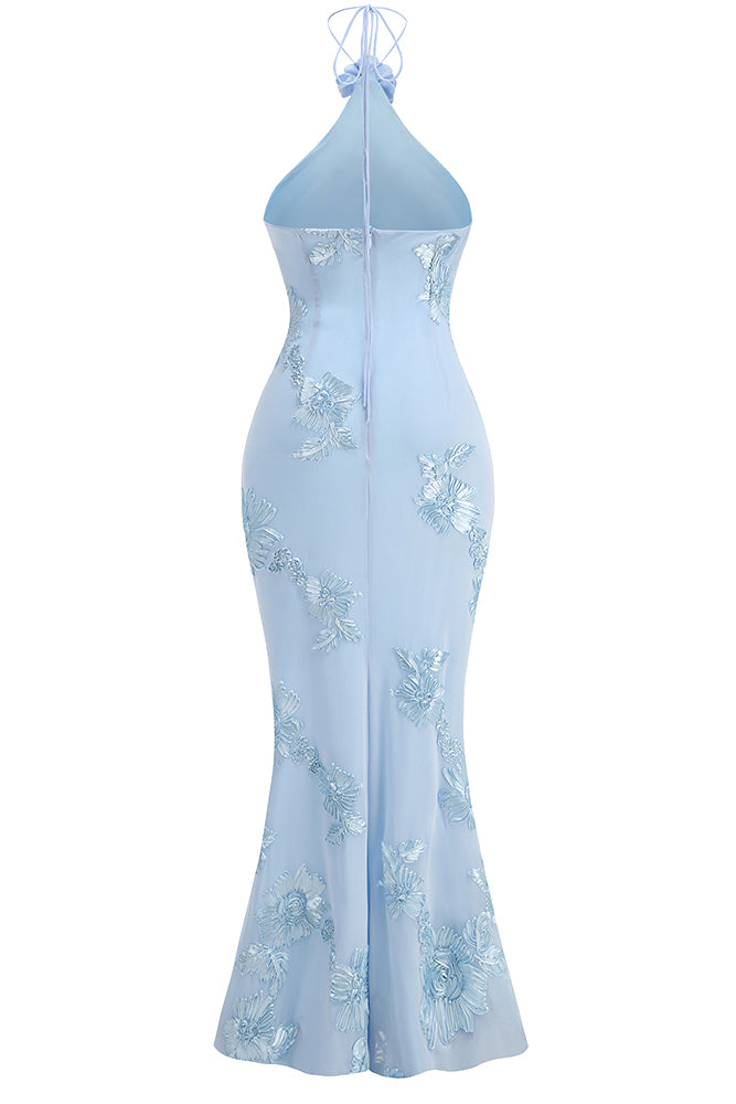 Robe à licou brodée de fleurs 3D en bleu