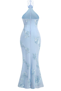 Robe à licou brodée de fleurs 3D en bleu