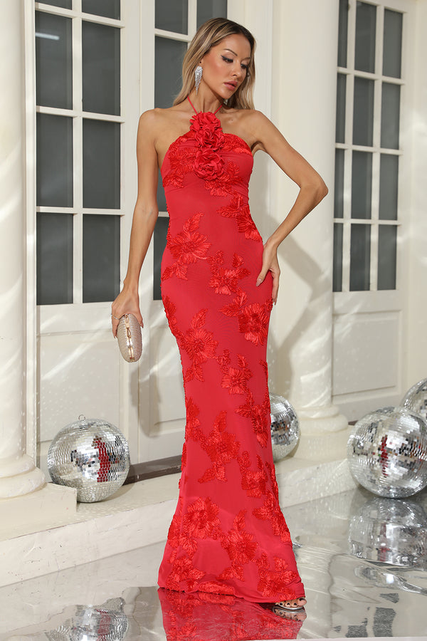 Halter 3D Floral Embroidered Gown in Red