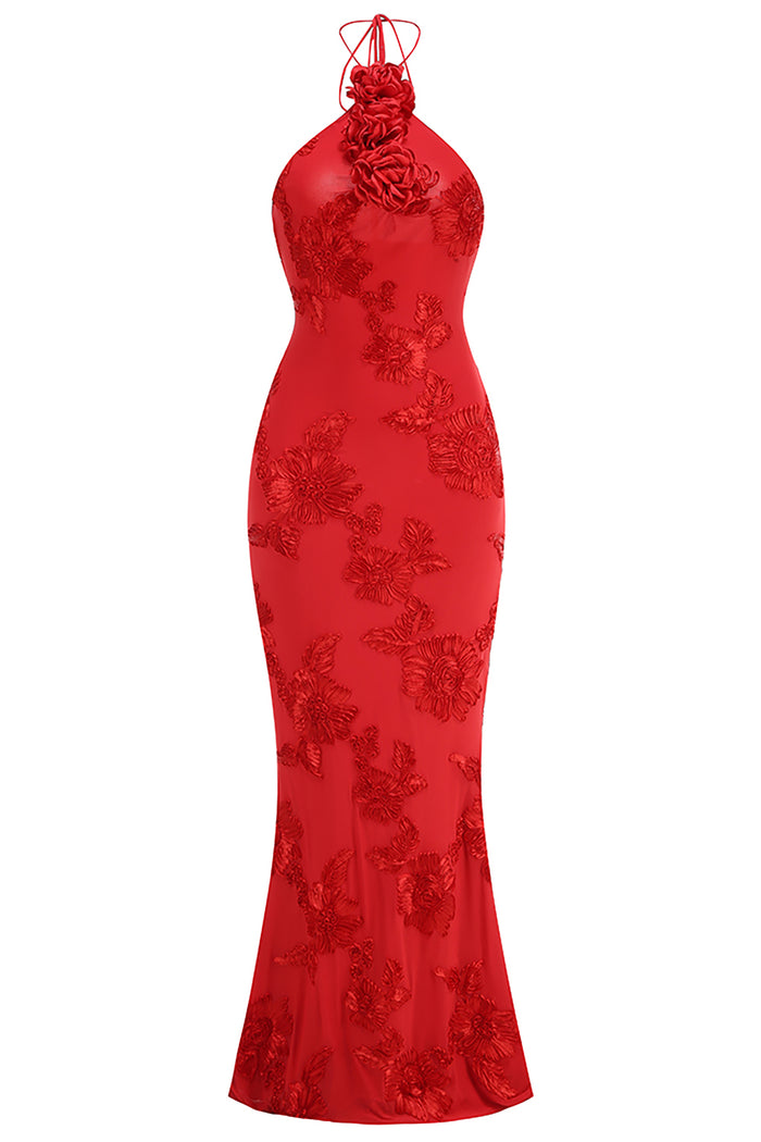 Halter 3D Floral Embroidered Gown in Red