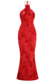 Halter 3D Floral Embroidered Gown in Red