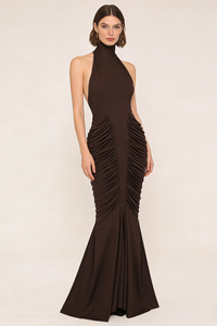 Halter Backless Gathered Dress in Bronze