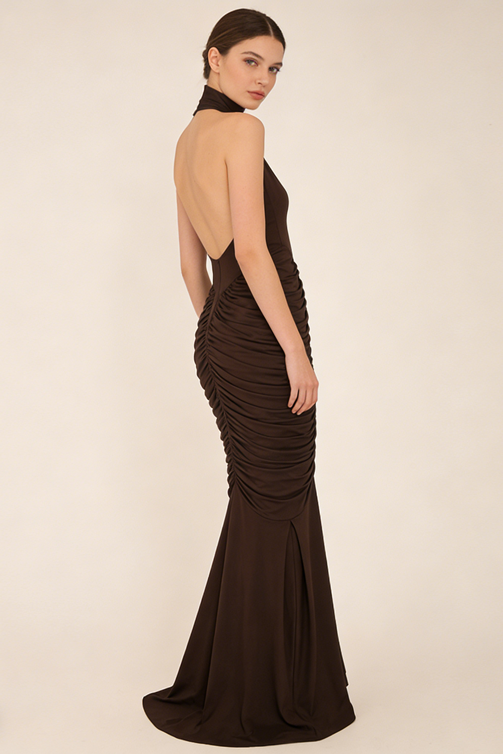 Halter Backless Gathered Dress in Bronze