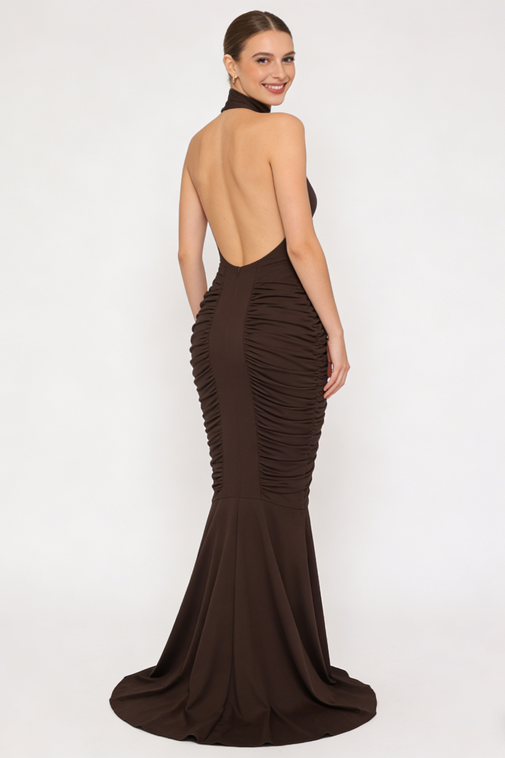 Halter Backless Gathered Dress in Bronze