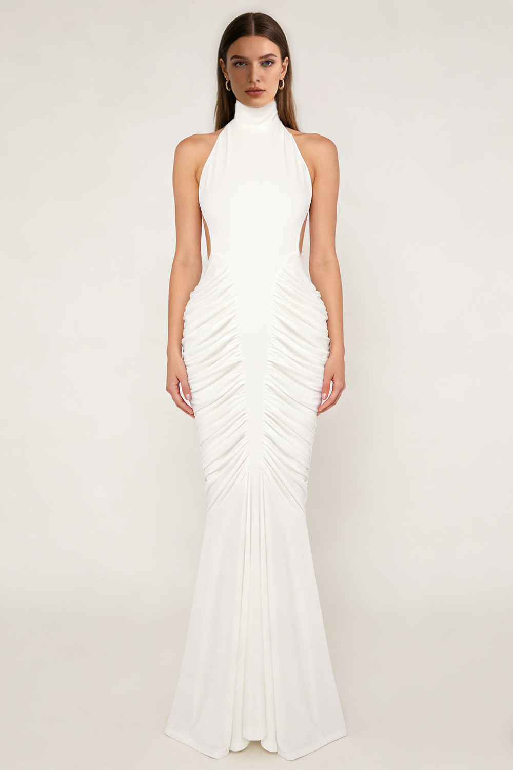 Halter Backless Gathered Dress in Ivory