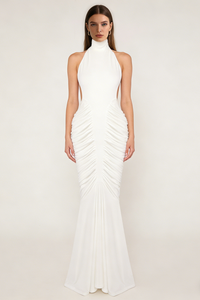 Halter Backless Gathered Dress in Ivory