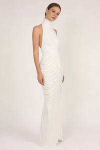 Halter Backless Gathered Dress in Ivory