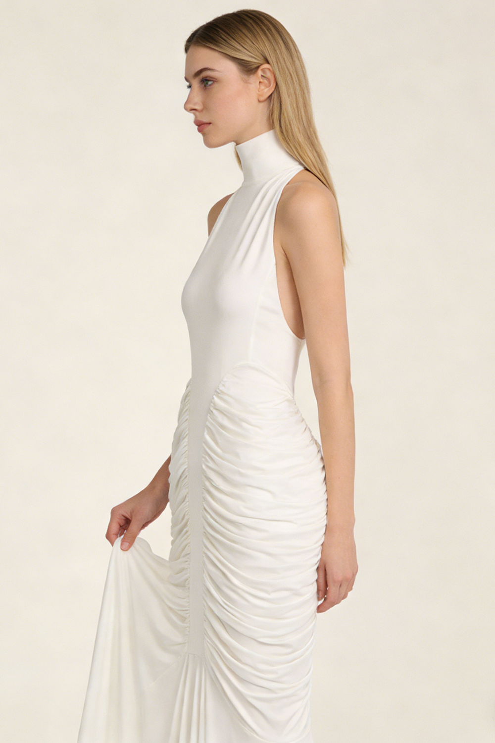 Halter Backless Gathered Dress in Ivory