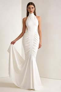 Halter Backless Gathered Dress in Ivory