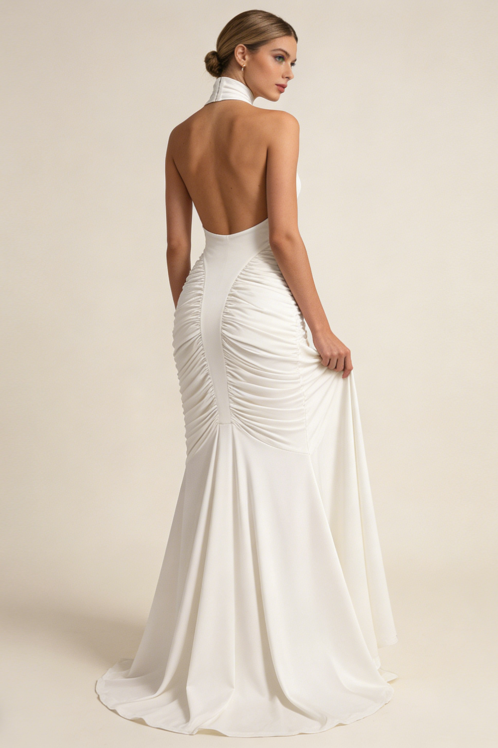 Halter Backless Gathered Dress in Ivory
