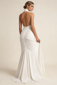 Halter Backless Gathered Dress in Ivory