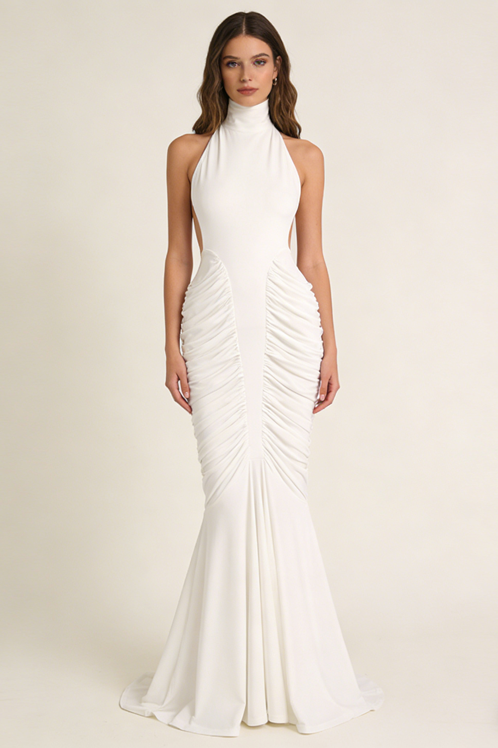 Halter Backless Gathered Dress in Ivory