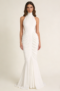 Halter Backless Gathered Dress in Ivory