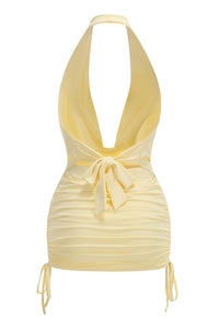 Halter Backless Ruched Dress in Yellow