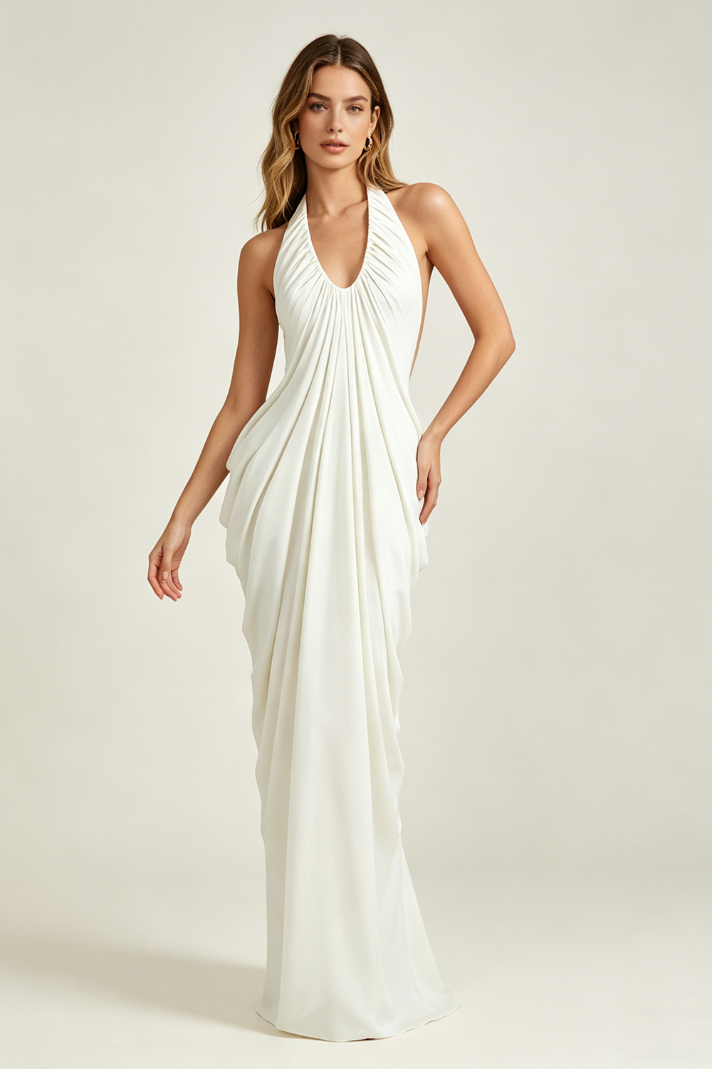 Halter Cascade Drape Maxi Dress in White CHICIDA Halter Cascade Drape Maxi Dress in White CHICIDA