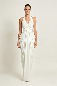 Halter Cascade Drape Maxi Dress in White