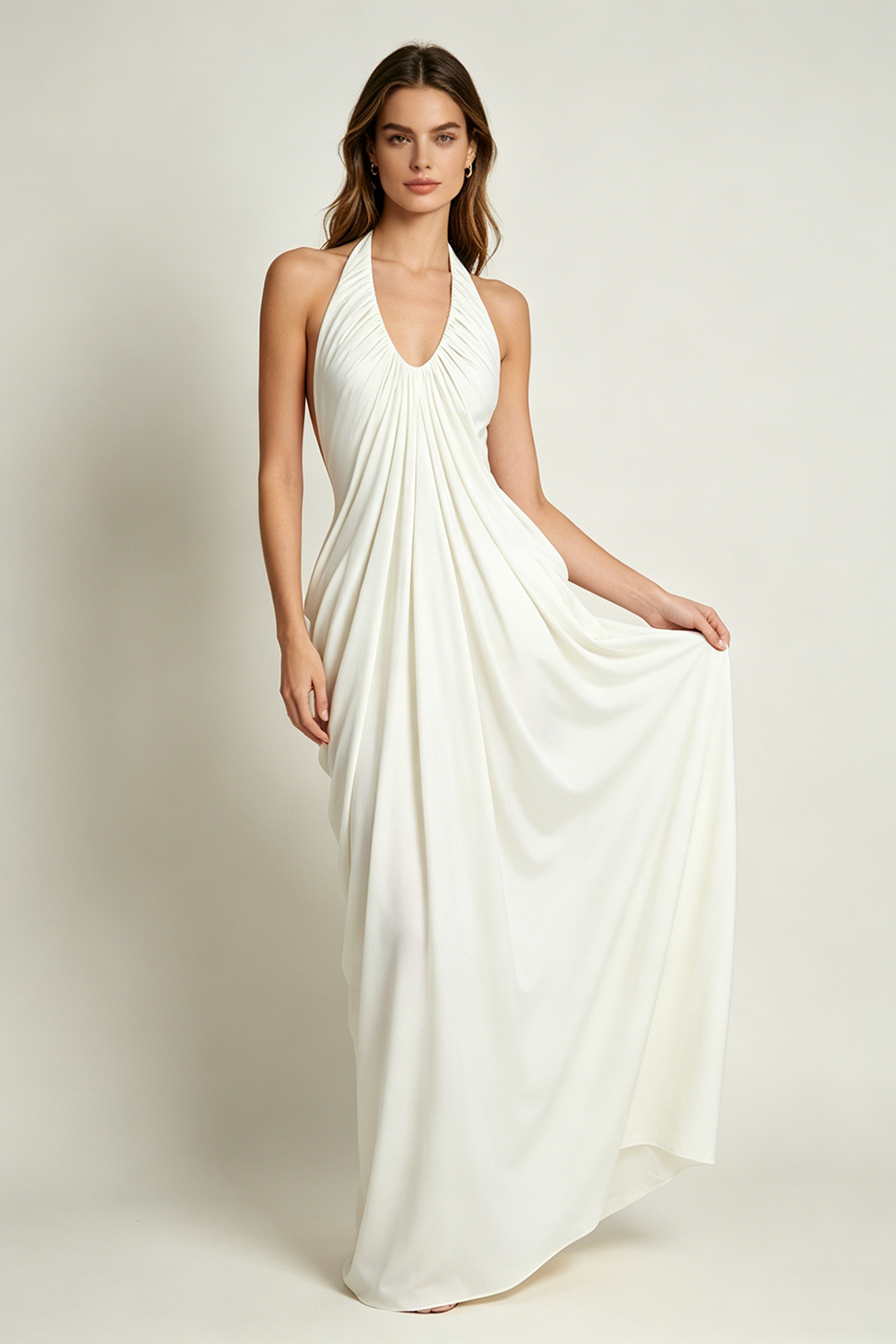 Halter Cascade Drape Maxi Dress in White