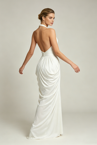 Halter Cascade Drape Maxi Dress in White