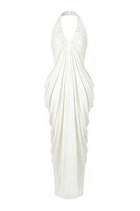 Halter Cascade Drape Maxi Dress in White